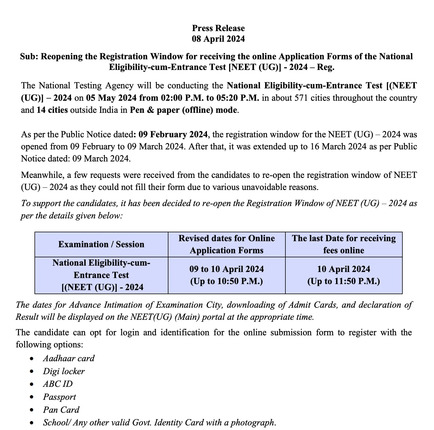 Press Release: NEET UG 2024 Application Window Reopens