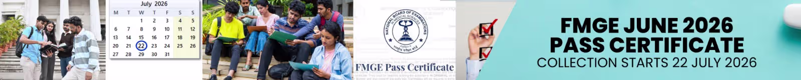 MGE June 2026 Pass Certificate distribution by NBEMS showing collection dates, required documents, Entry Slip, and certificate collection process for qualified FMGE candidates.