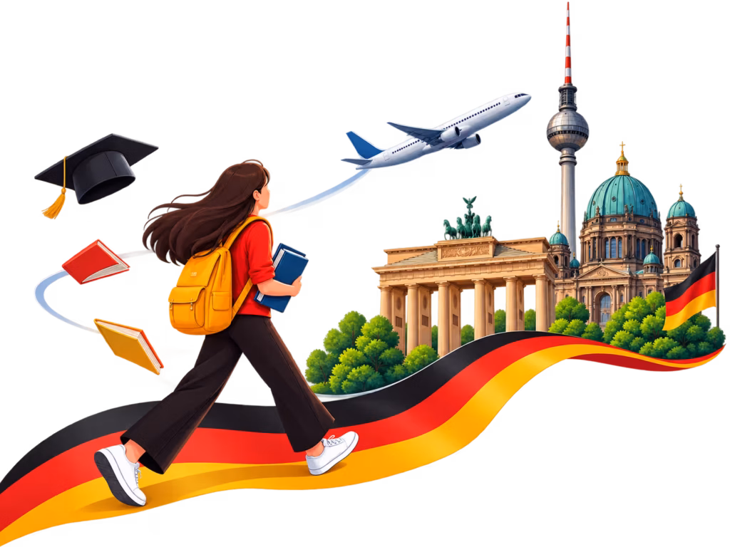 International student studying in Germany with Berlin landmarks