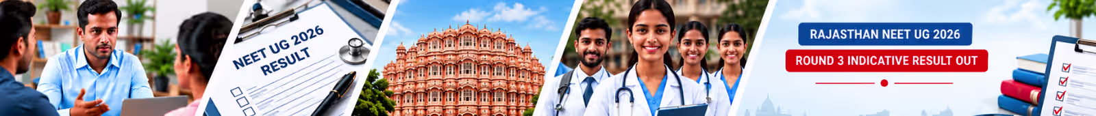 Rajasthan NEET UG 2026 Round 3 indicative allotment result announced for MBBS and BDS admissions, featuring medical students and Hawa Mahal Jaipur.